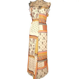 ZARA Womens Regular Patchwork Paisley Ruffle Maxi Dress Boho Orange Size XXS New